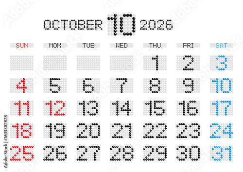 2026年10月の電光掲示板風カレンダー 日曜始まり