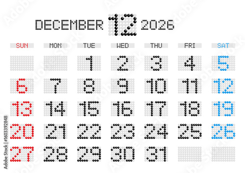 2026年12月の電光掲示板風カレンダー 日曜始まり