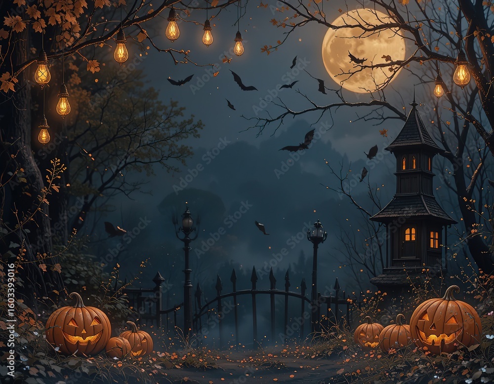 Fototapeta premium Haunted House on Halloween Night with Full Moon and Pumpkins