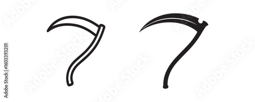 Vector drawing of iron scythe in outline and silhouette