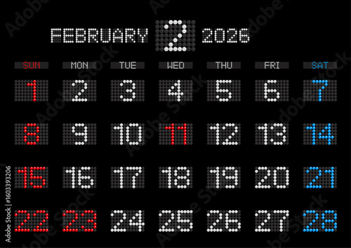 2026年2月の電光掲示板風カレンダー 日曜始まり