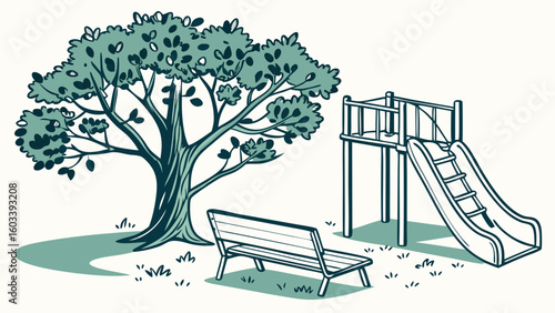 Cartoon Illustration of a Park Scene with Tree Bench and Slide.