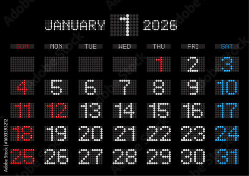 2026年1月の電光掲示板風カレンダー 日曜始まり