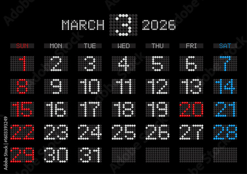 2026年3月の電光掲示板風カレンダー 日曜始まり