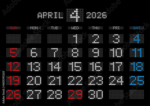 2026年4月の電光掲示板風カレンダー 日曜始まり