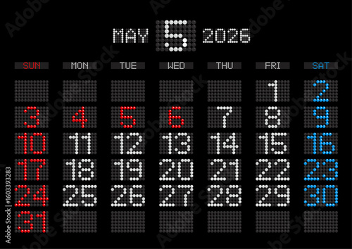 2026年5月の電光掲示板風カレンダー 日曜始まり