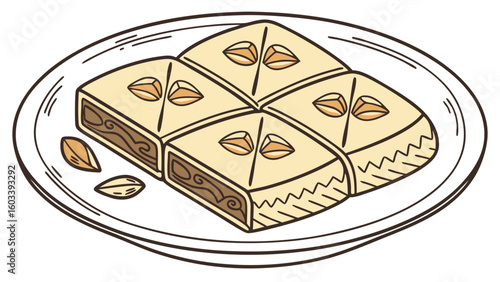 Cartoon Illustration of Four Pieces of Baklava on a Plate.