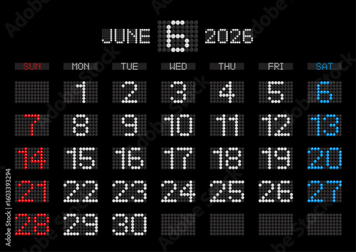 2026年6月の電光掲示板風カレンダー 日曜始まり