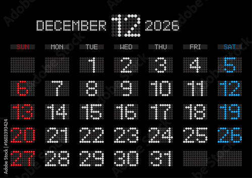 2026年12月の電光掲示板風カレンダー 日曜始まり