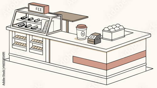 Cartoon style bakery counter with pastries coffee and cash register.
