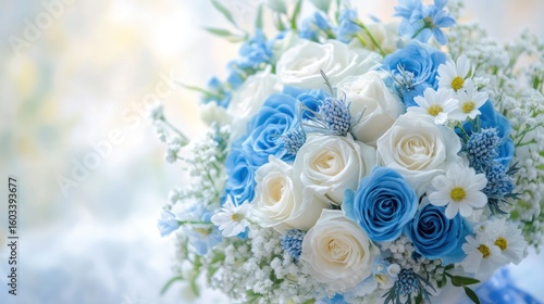 Delicate floral bouquet of white and light blue roses and wildflowers