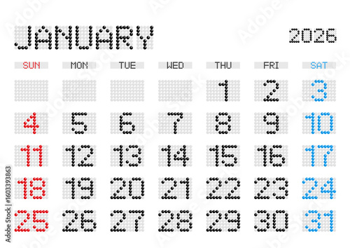 2026年1月の電光掲示板風カレンダー 日曜始まり 日本の祝日表記無し