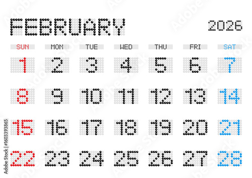 2026年2月の電光掲示板風カレンダー 日曜始まり 日本の祝日表記無し