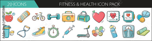 20 Hand-Drawn Fitness and Health Icons Pack - Colorful fitness and health icon set featuring gym gear, nutrition, heart rate, vitamins, exercise, hydration, and wellness tools.