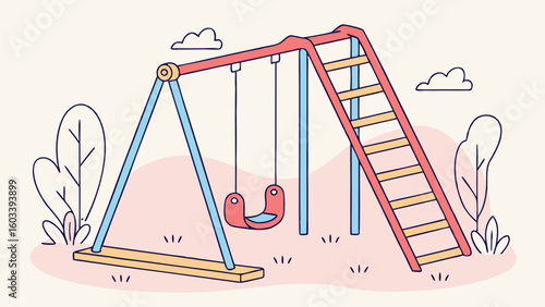 Colorful Cartoon Playground Set with Swing Ladder and Stylized Vegetation.