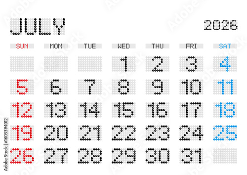 2026年7月の電光掲示板風カレンダー 日曜始まり 日本の祝日表記無し