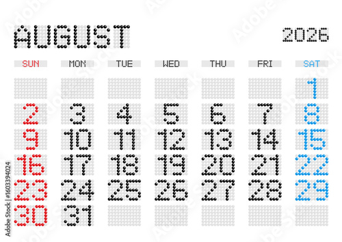 2026年8月の電光掲示板風カレンダー 日曜始まり 日本の祝日表記無し