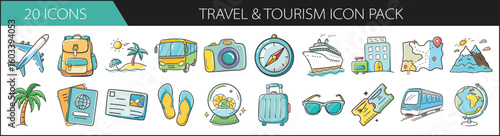 20 Hand-Drawn Travel and Tourism Icons Set - Fun and colorful travel and tourism icon set featuring vacation elements like transport, luggage, maps, and sightseeing gear.