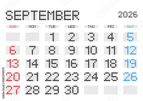 2026年9月の電光掲示板風カレンダー 日曜始まり 日本の祝日表記無し