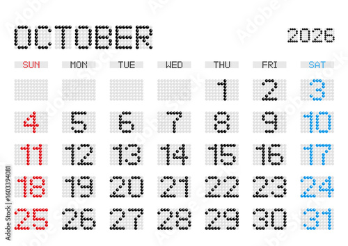 2026年10月の電光掲示板風カレンダー 日曜始まり 日本の祝日表記無し