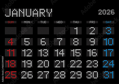 2026年1月の電光掲示板風カレンダー 日曜始まり 日本の祝日表記無し