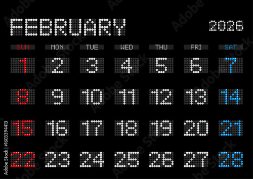 2026年2月の電光掲示板風カレンダー 日曜始まり 日本の祝日表記無し