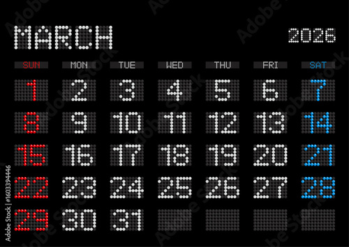 2026年3月の電光掲示板風カレンダー 日曜始まり 日本の祝日表記無し