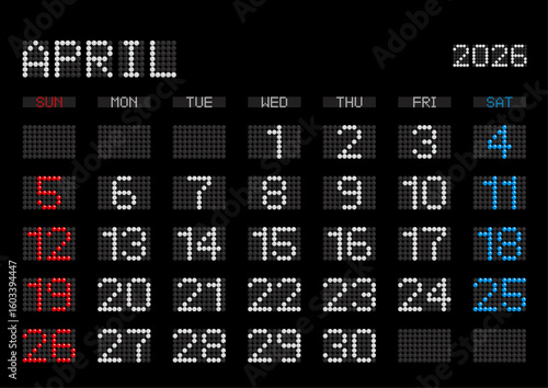 2026年4月の電光掲示板風カレンダー 日曜始まり 日本の祝日表記無し