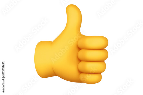 Yellow cartoon hand giving thumbs up, conveying positivity and approval against transparent backdrop