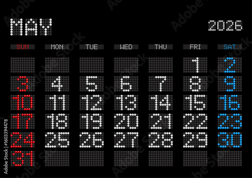 2026年5月の電光掲示板風カレンダー 日曜始まり 日本の祝日表記無し