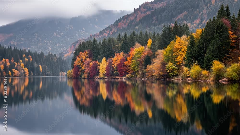 custom made wallpaper toronto digitalAutumnal lake scene with trees reflecting the fall colors, mountains in the background