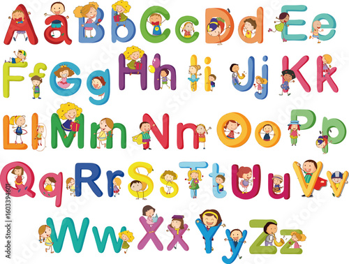 Alphabet Chart. Illustrated English alphabet set with cute cartoon children playing on colorful uppercase and lowercase letters. EPS Editable