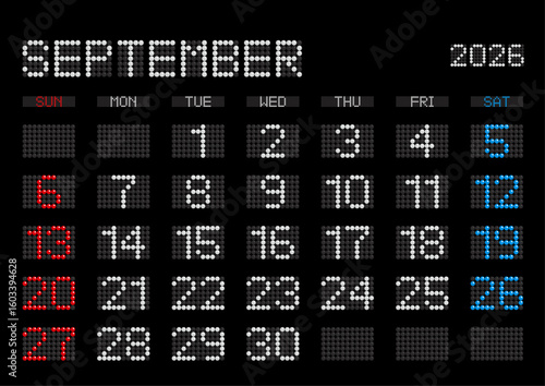 2026年9月の電光掲示板風カレンダー 日曜始まり 日本の祝日表記無し