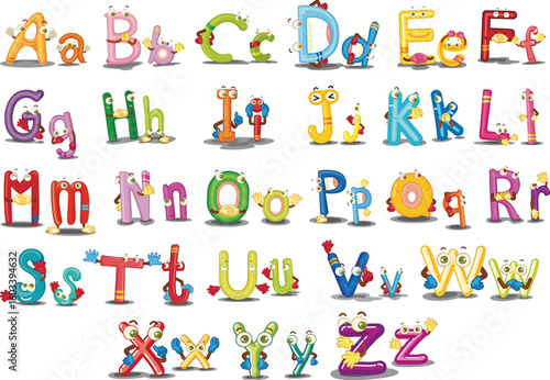 Alphabet Chart. Playful anthropomorphic alphabet characters a complete set of colorful glossy letters with expressive eyes and hands. EPS Editable