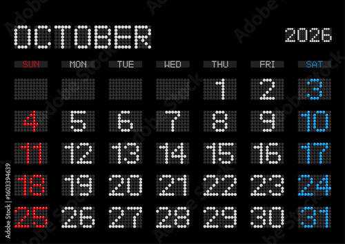2026年10月の電光掲示板風カレンダー 日曜始まり 日本の祝日表記無し