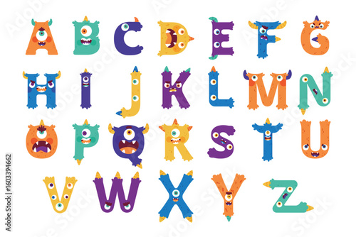 Alphabet Chart. A whimsical and colorful alphabet of cartoon monster characters with funny eyes horns and teeth. EPS Editable