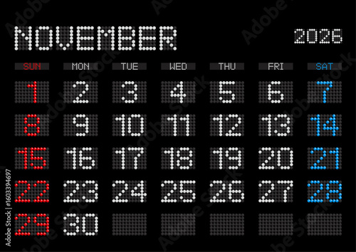 2026年11月の電光掲示板風カレンダー 日曜始まり 日本の祝日表記無し