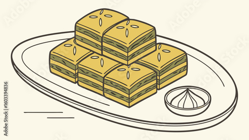 Delicious Baklava Pieces on Oval Plate with Sauce.