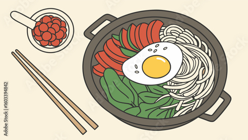 Delicious Bibimbap Bowl with Fried Egg Vegetables and Noodles.