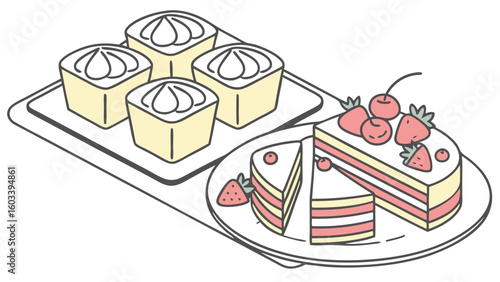 Delicious Cakes and Pastries with Strawberries and Cherries.
