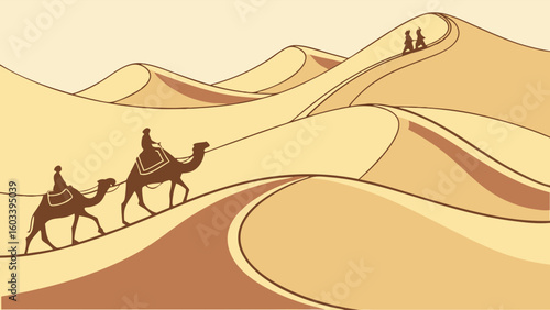 Desert Camel Caravan Across Sand Dunes.