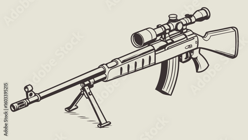 Detailed Line Art Illustration of a Sniper Rifle with Bipod and Scope.