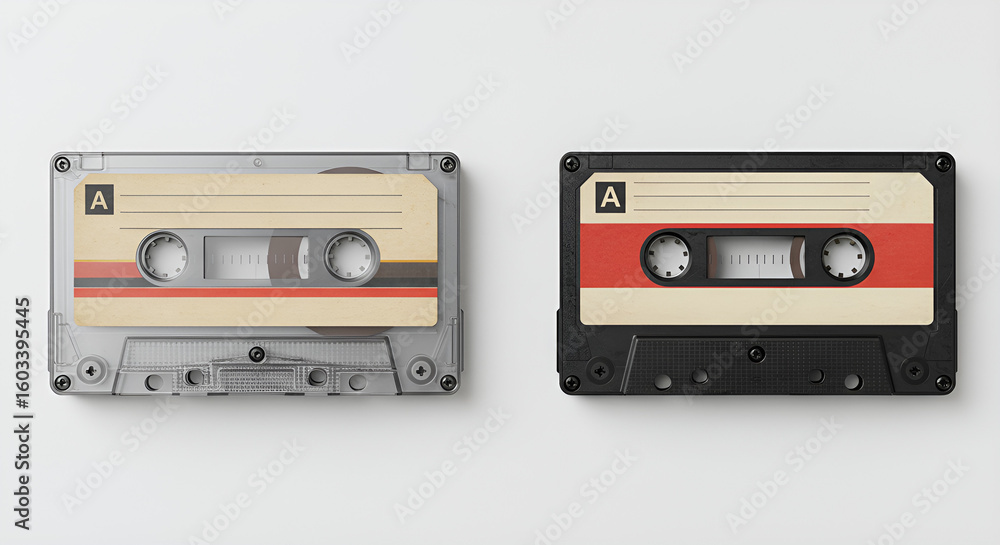 Fototapeta premium Two vintage audio cassette tapes with red labels side by side on a white background, showing retro analog music media.