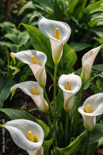 Elegance of White Calla Lilies in Lush Greenery