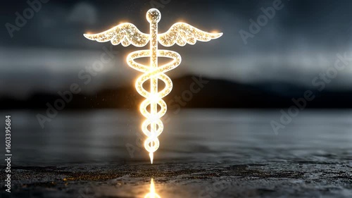 Ethereal Caduceus: Glowing Medical Symbol Animation on Dark, Reflective Surface