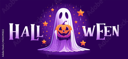 Halloween Promotion Poster. Happy Halloween party greeting card with cute ghost. Spooky banner template. Halloween night Invitation. Halloween poster. Halloween background design illustration. Vector