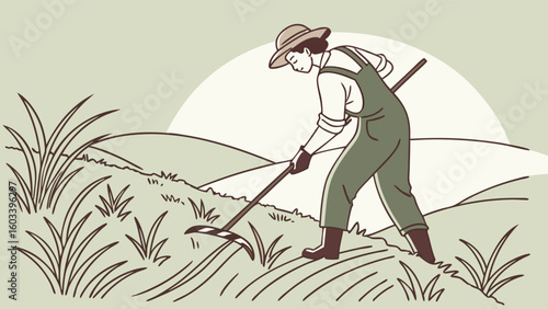 Farmer Raking Field Illustration with Hat Overalls and Boots.