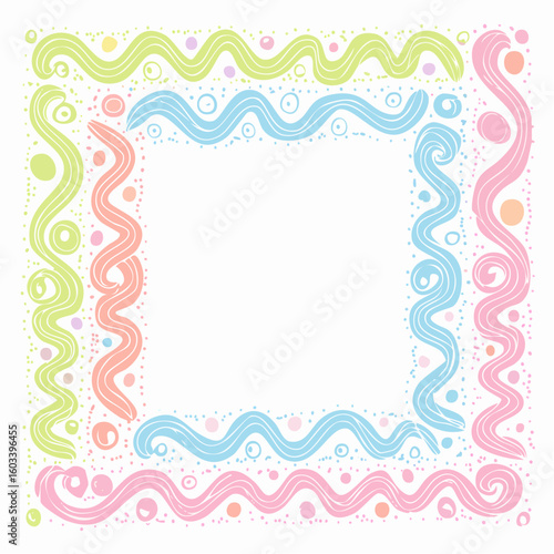 Pastel colored doodle crayon drawn whimsical frames with spiral, wavy lines, zigzag and dots. Line art cute childish funky frames. 