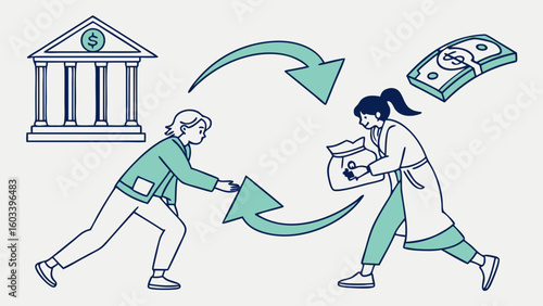 Financial Transaction People Exchanging Money and a Bank Illustration.