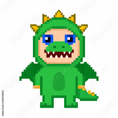 Adorable Pixel Art Baby Dragon Costume Cute Green Dragon Outfit Illustration for Children's Designs, Prints, and Digital Projects. Perfect for adding a whimsical touch to your creative endeavors.